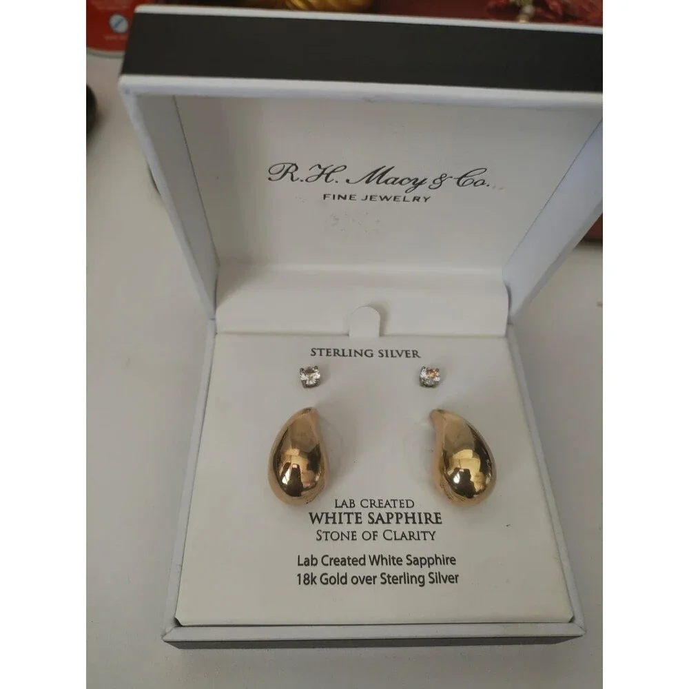 R.H. Macy & Co Lab Grown White Sapphire Stud Earrings Set 14K GP Sterling Silver